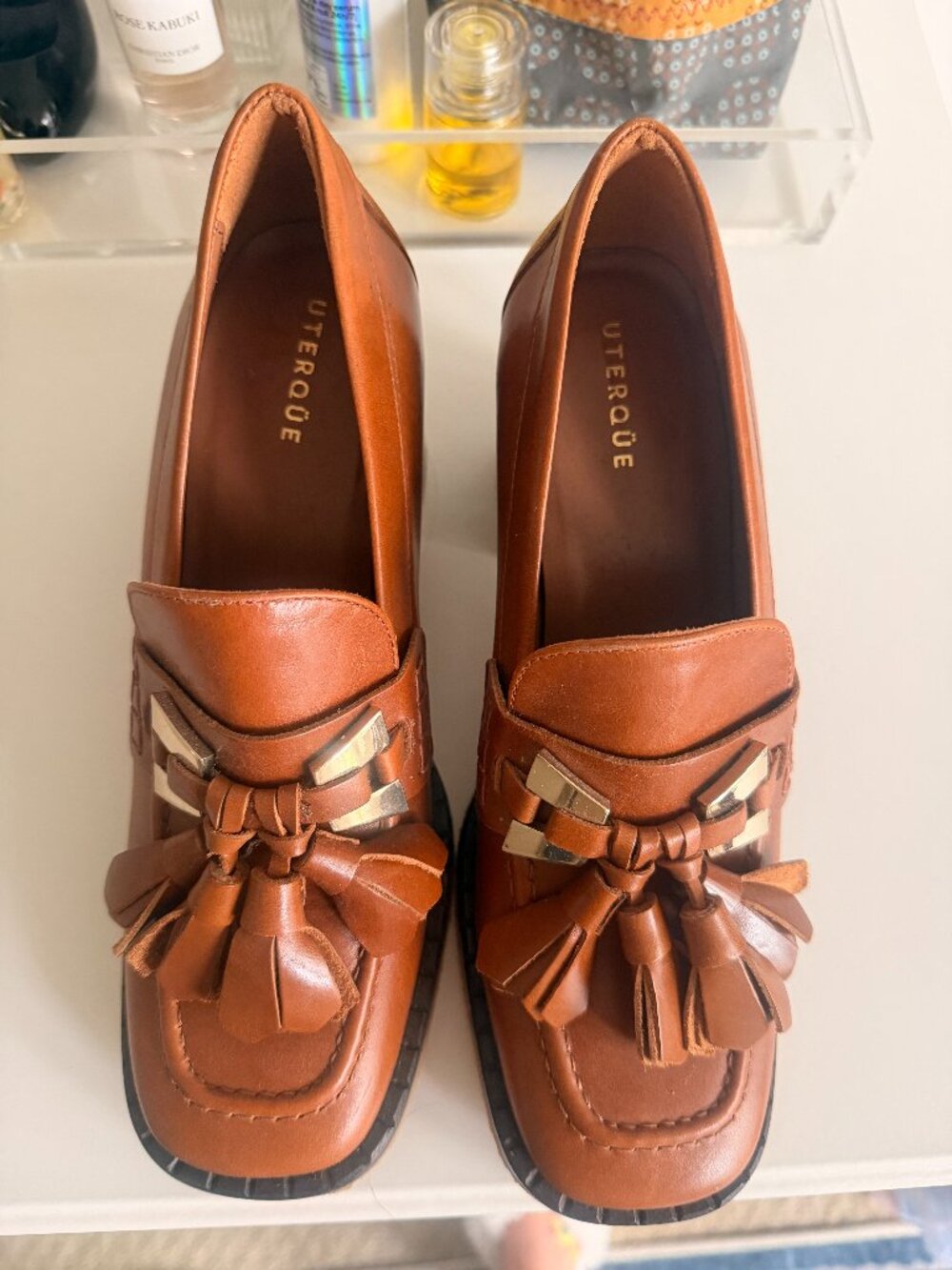 uterque leather dress | Shoes | Uterqe Tan Tassel Loafer Heels Discontinued Spanish Brand short brown leather dress